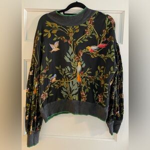 Anthropologie Black Floral & Bird Print Pullover NWOT
